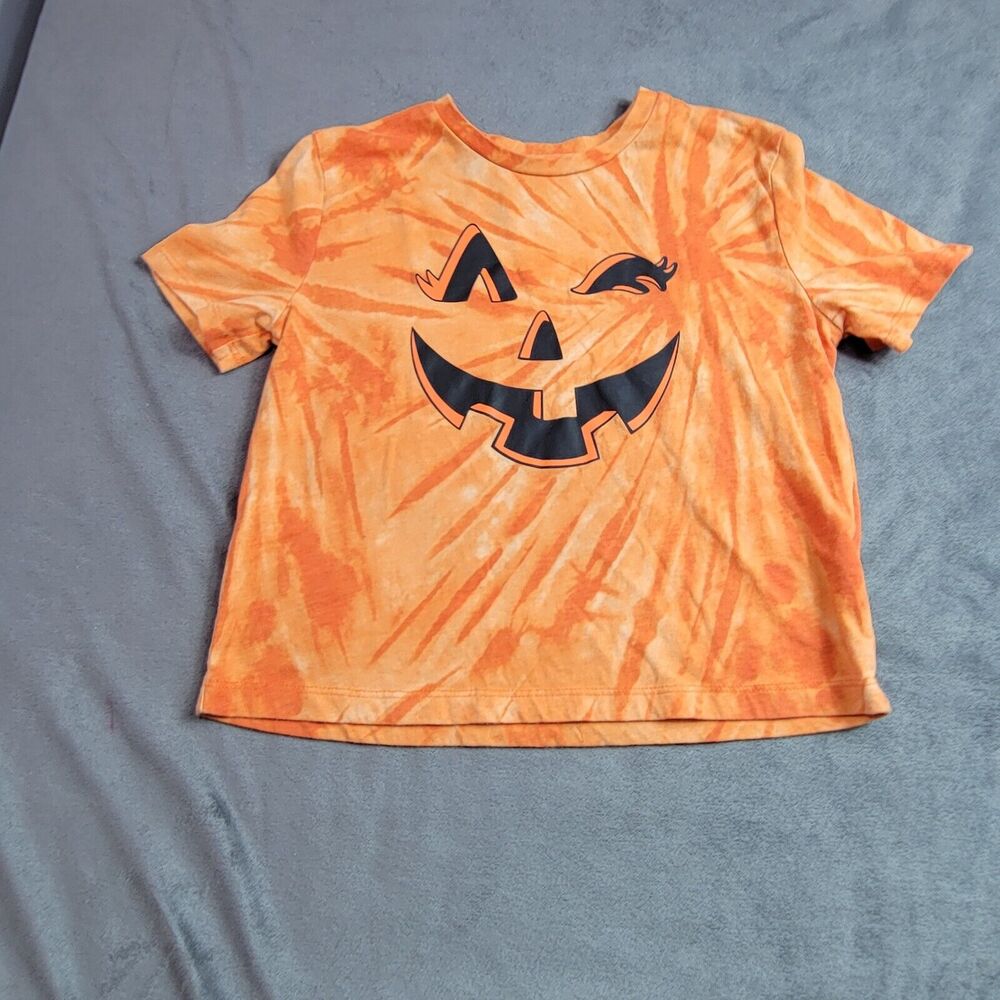 Halloween Shirt Girls Size 7/8 Orange Tie‎ Dyed Jack O Lantern Pumpkin Face Tee